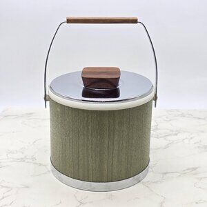 Vintage Kromex Ice Bucket Green Woodgrain Chrome Lid Mid Century Barware USA